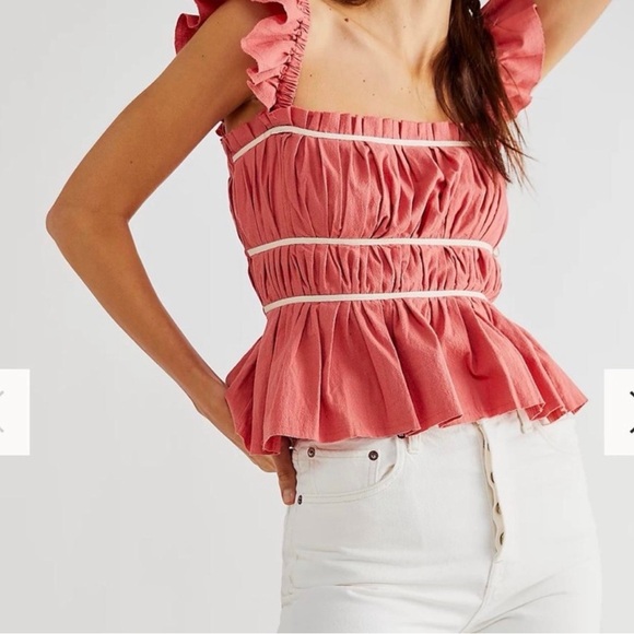 Free People Claudette Ruffled Coral Tank Top with Smocked Bodice - Picture 2 of 10